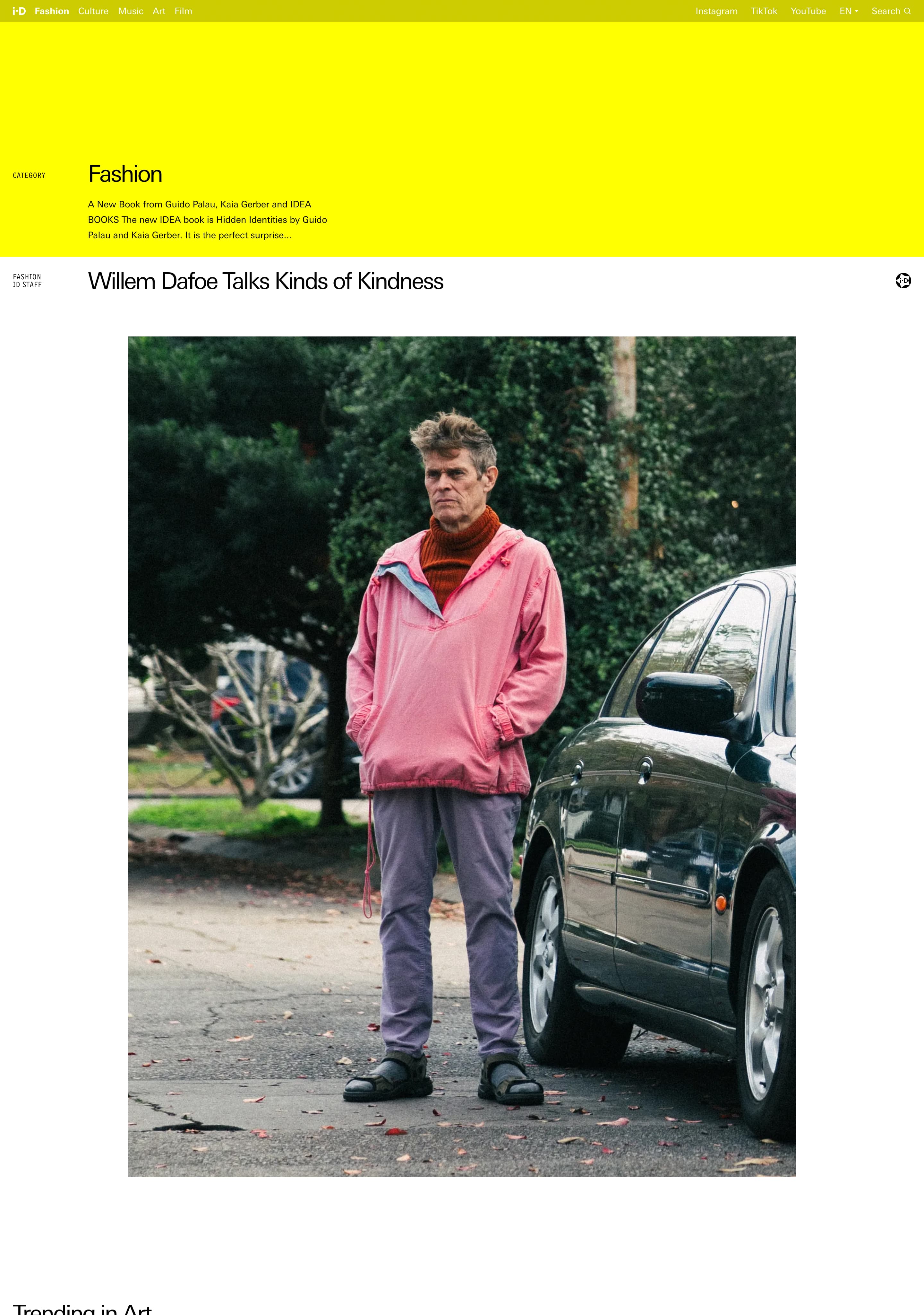 Image of the i-D magazine Fashion category page, featuring an article about Willem Dafoe Talks Kinds of Kindness